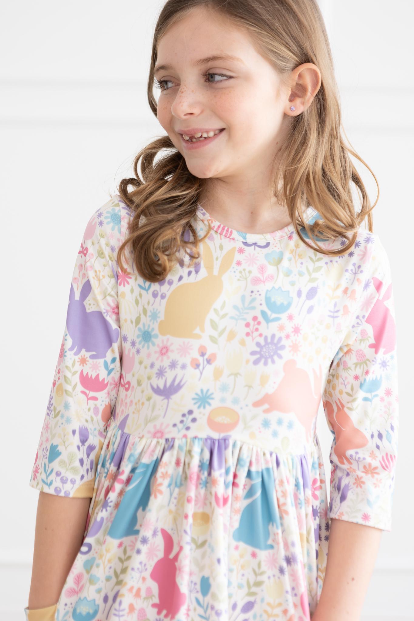 Pastel Floral Bunnies 3/4 Sleeve Pocket Twirl Dress - Aaria Tees Aaria Tees