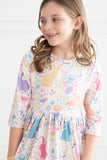 Pastel Floral Bunnies 3/4 Sleeve Pocket Twirl Dress - Aaria Tees Aaria Tees