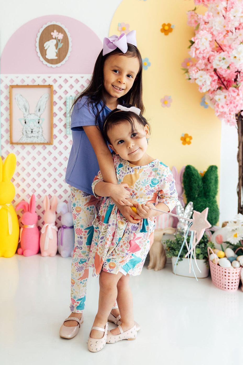 Pastel Floral Bunnies 3/4 Sleeve Pocket Twirl Dress - Aaria Tees Aaria Tees