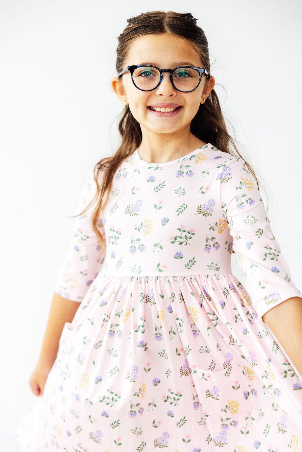 Pastel Petals 3/4 Sleeve Pocket Twirl Dress - Aaria Tees Aaria Tees