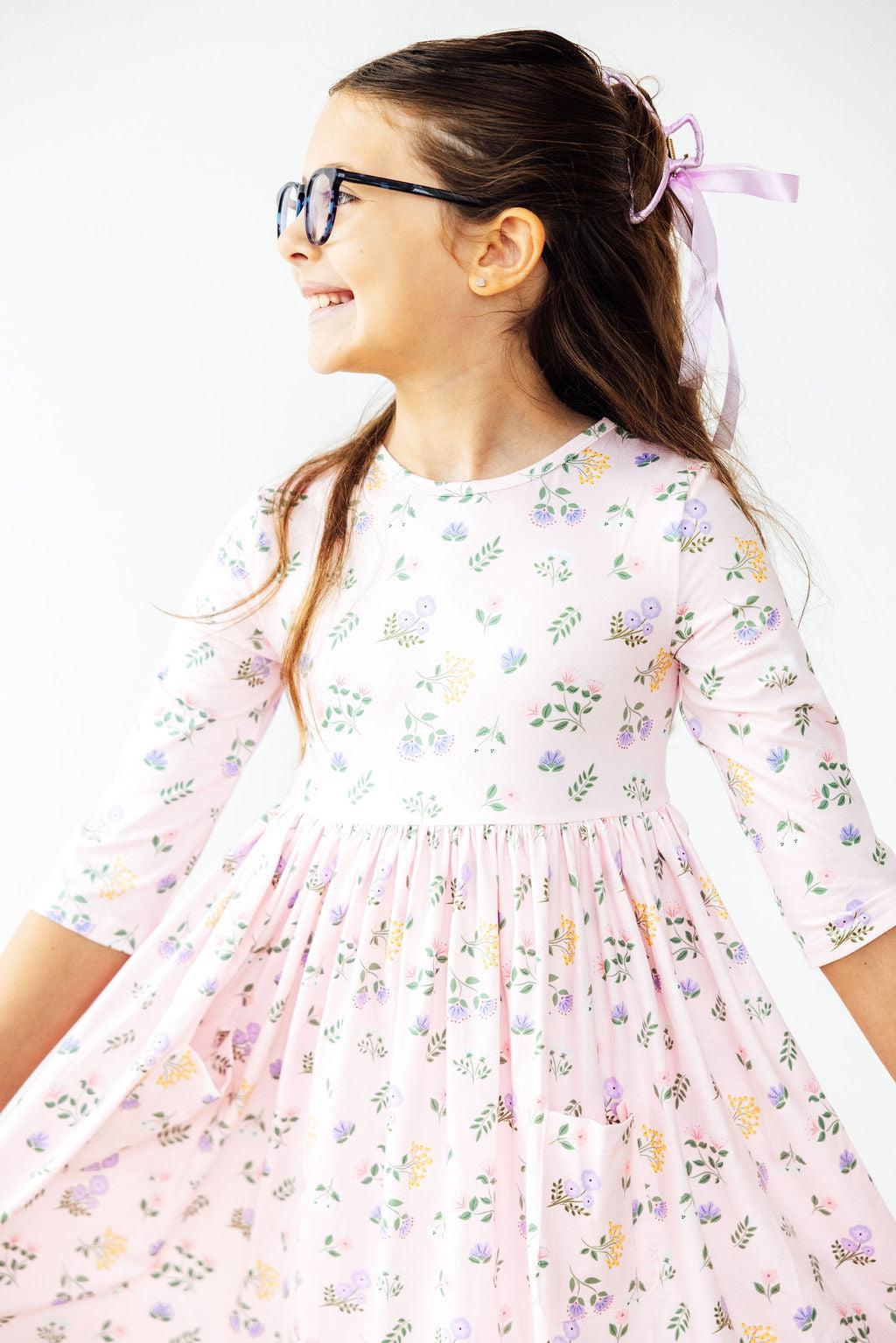 Pastel Petals 3/4 Sleeve Pocket Twirl Dress - Aaria Tees Aaria Tees