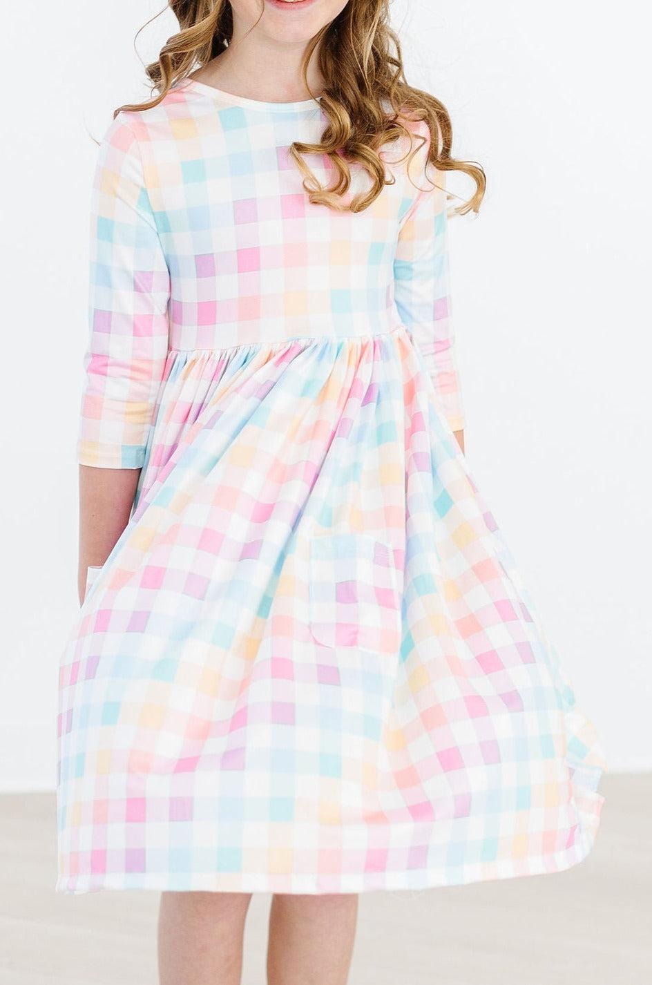Pastel Plaid 3/4 Sleeve Pocket Twirl Dress - Aaria Tees Aaria Tees