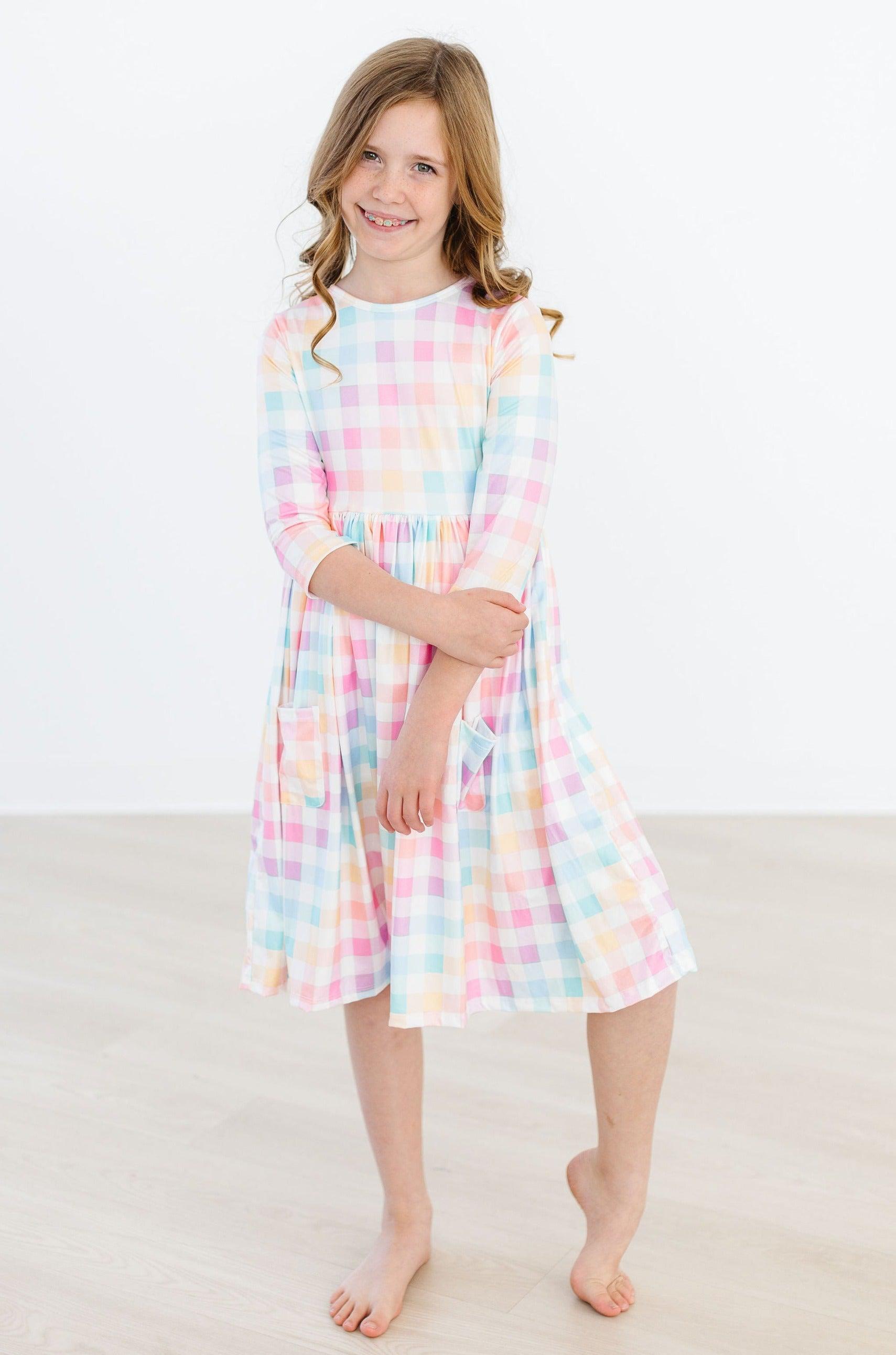 Pastel Plaid 3/4 Sleeve Pocket Twirl Dress - Aaria Tees Aaria Tees