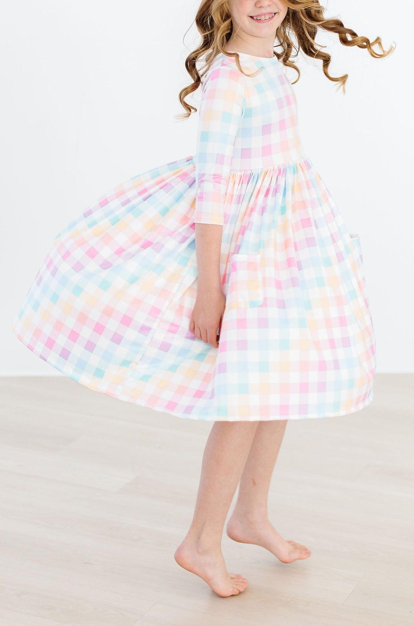 Pastel Plaid 3/4 Sleeve Pocket Twirl Dress - Aaria Tees Aaria Tees