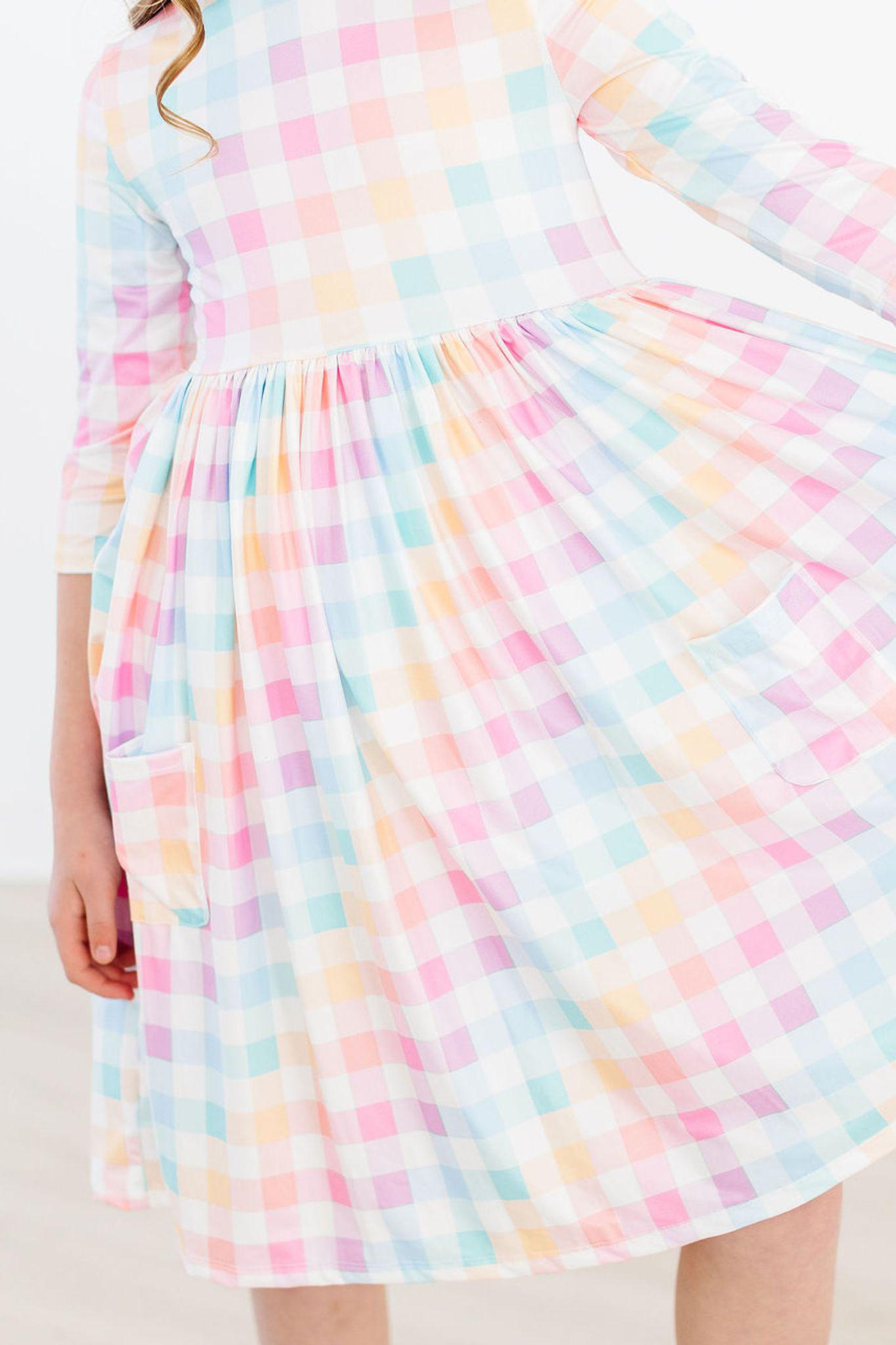 Pastel Plaid 3/4 Sleeve Pocket Twirl Dress - Aaria Tees Aaria Tees