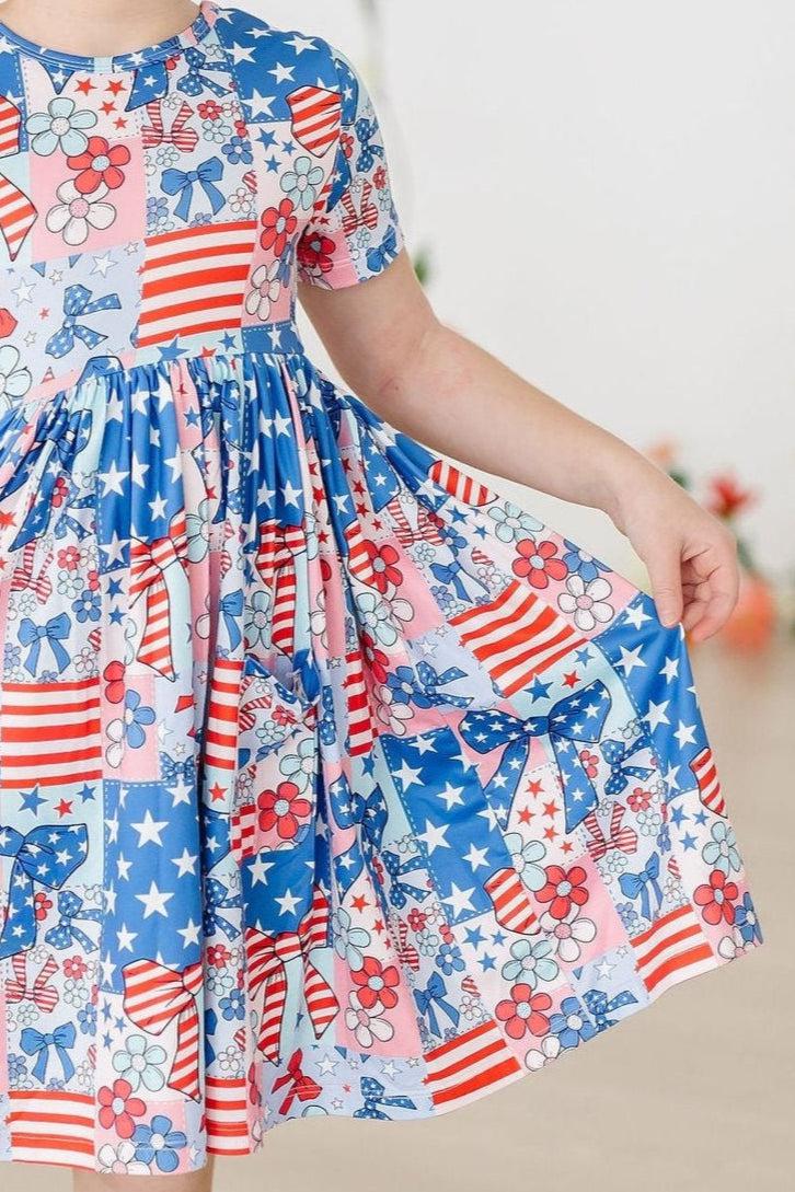 Patriotic Patchwork S/S Pocket Twirl Dress - Aaria Tees