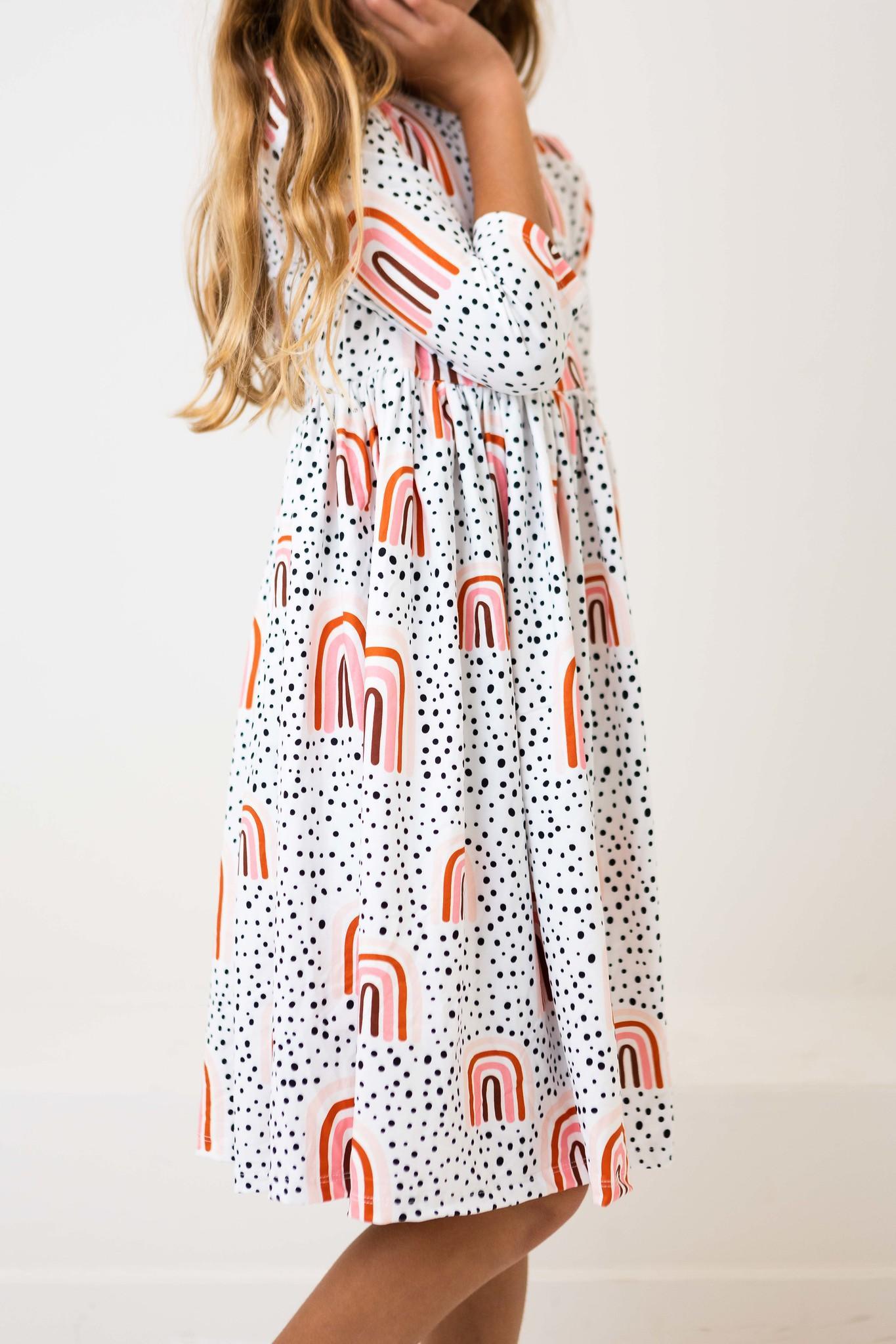 Peach Rainbow 3/4 Sleeve Pocket Twirl Dress - Aaria Tees Aaria Tees