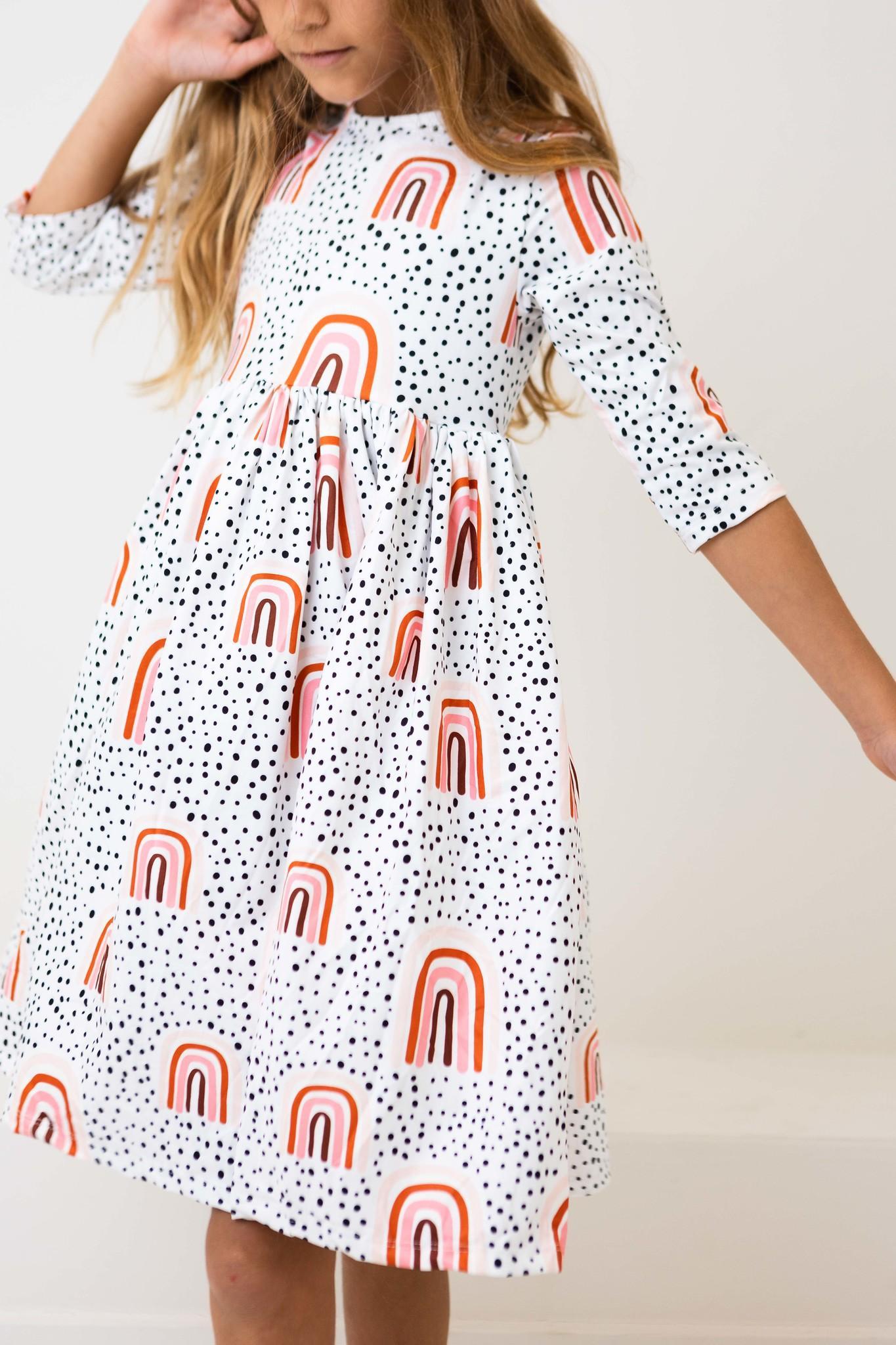 Peach Rainbow 3/4 Sleeve Pocket Twirl Dress - Aaria Tees Aaria Tees