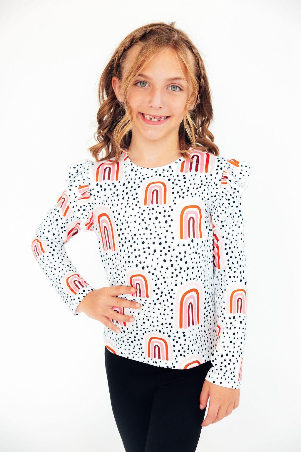 Peach Rainbow L/S Ruffle Tee - Aaria Tees Aaria Tees
