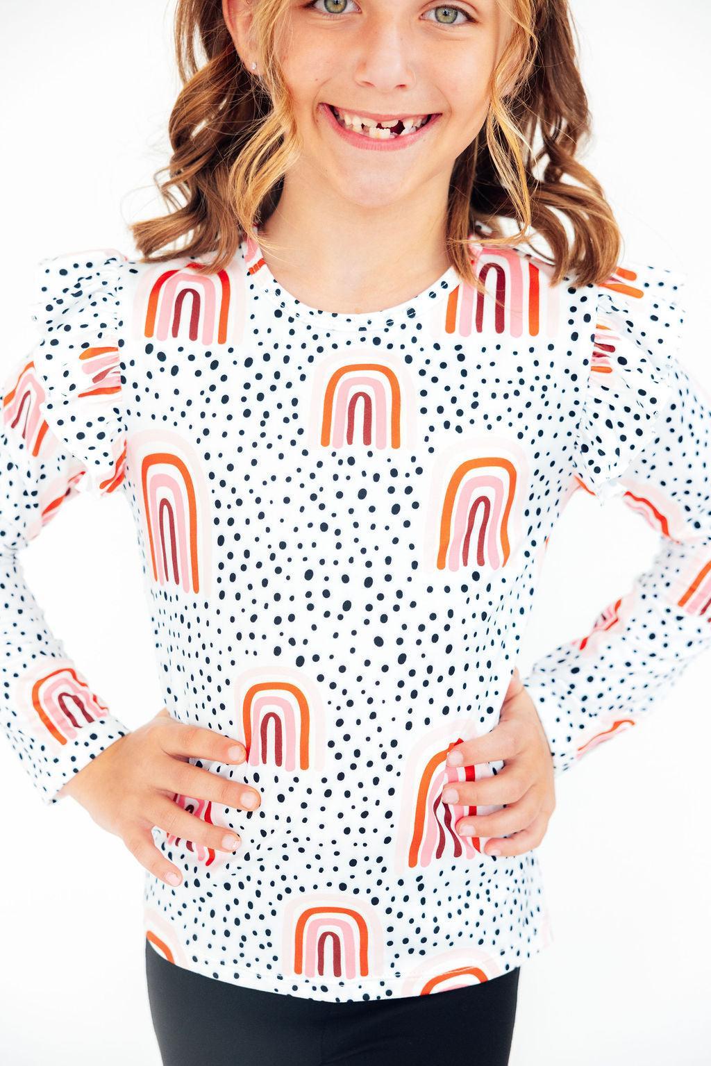 Peach Rainbow L/S Ruffle Tee - Aaria Tees Aaria Tees