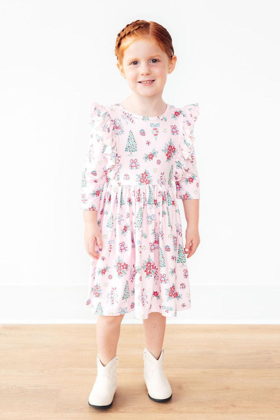 Pink Christmas 3/4 Sleeve Ruffle Twirl Dress - Aaria Tees Aaria Tees