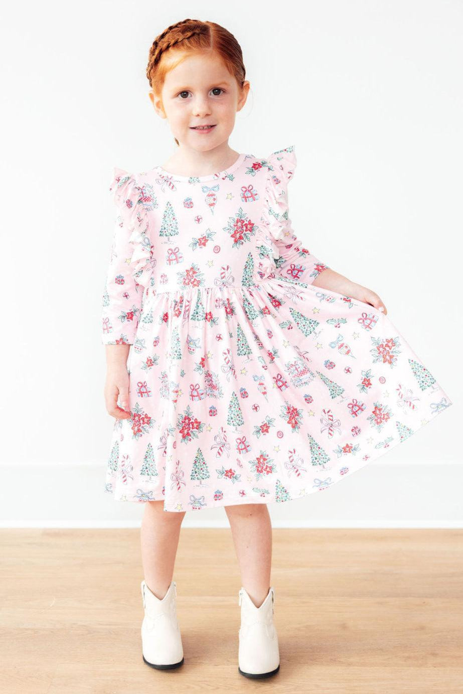 Pink Christmas 3/4 Sleeve Ruffle Twirl Dress - Aaria Tees Aaria Tees