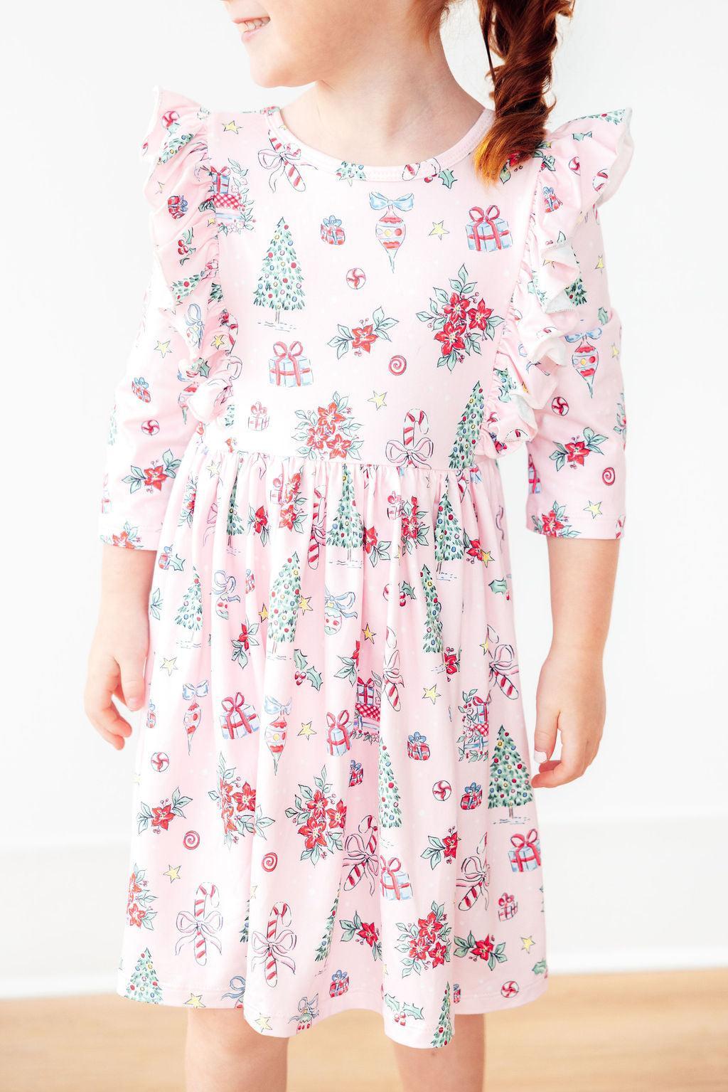 Pink Christmas 3/4 Sleeve Ruffle Twirl Dress - Aaria Tees Aaria Tees