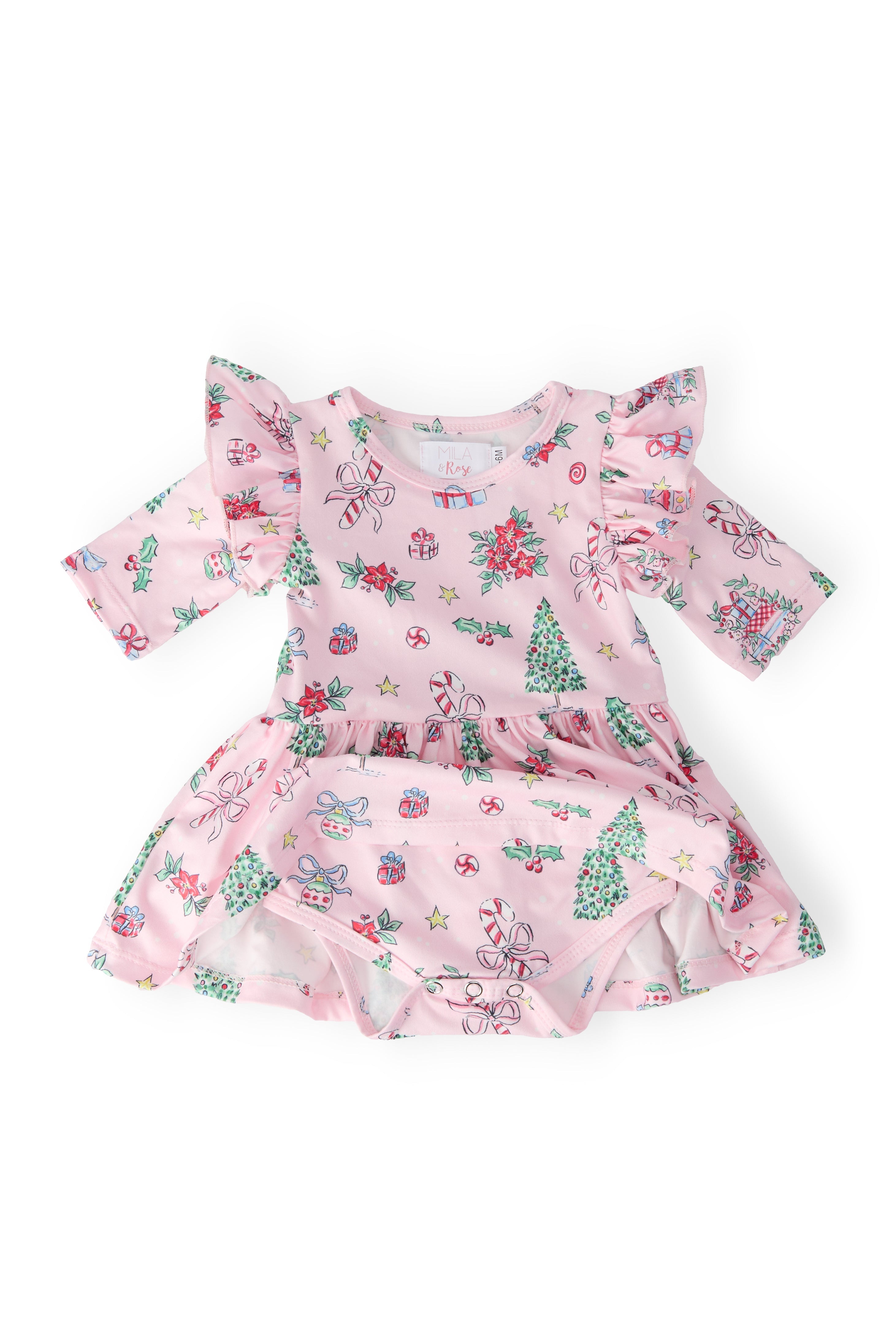 Pink Christmas 3/4 Sleeve Twirl Flutter Bodysuit - Aaria Tees Aaria Tees