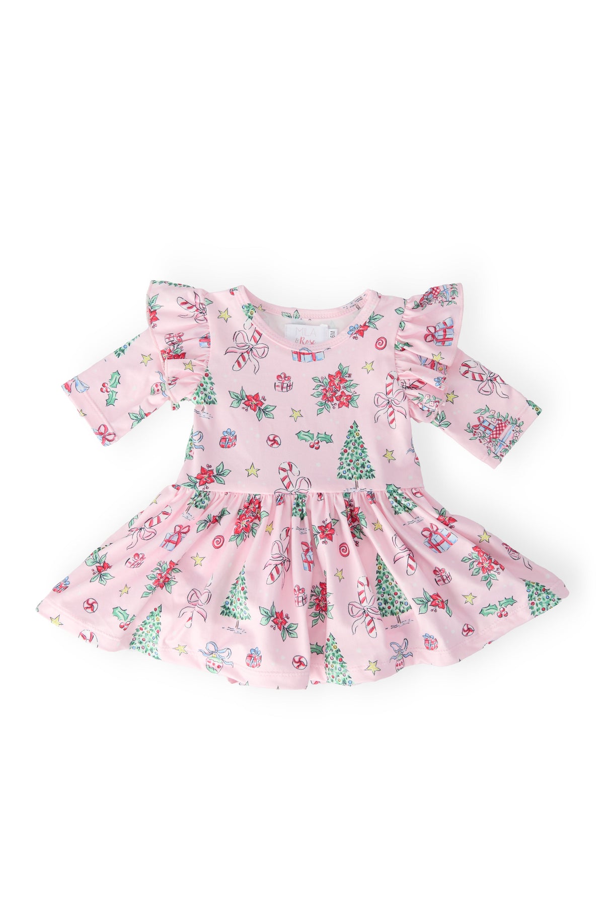 Pink Christmas 3/4 Sleeve Twirl Flutter Bodysuit - Aaria Tees