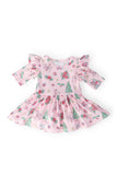 Pink Christmas 3/4 Sleeve Twirl Flutter Bodysuit - Aaria Tees Aaria Tees