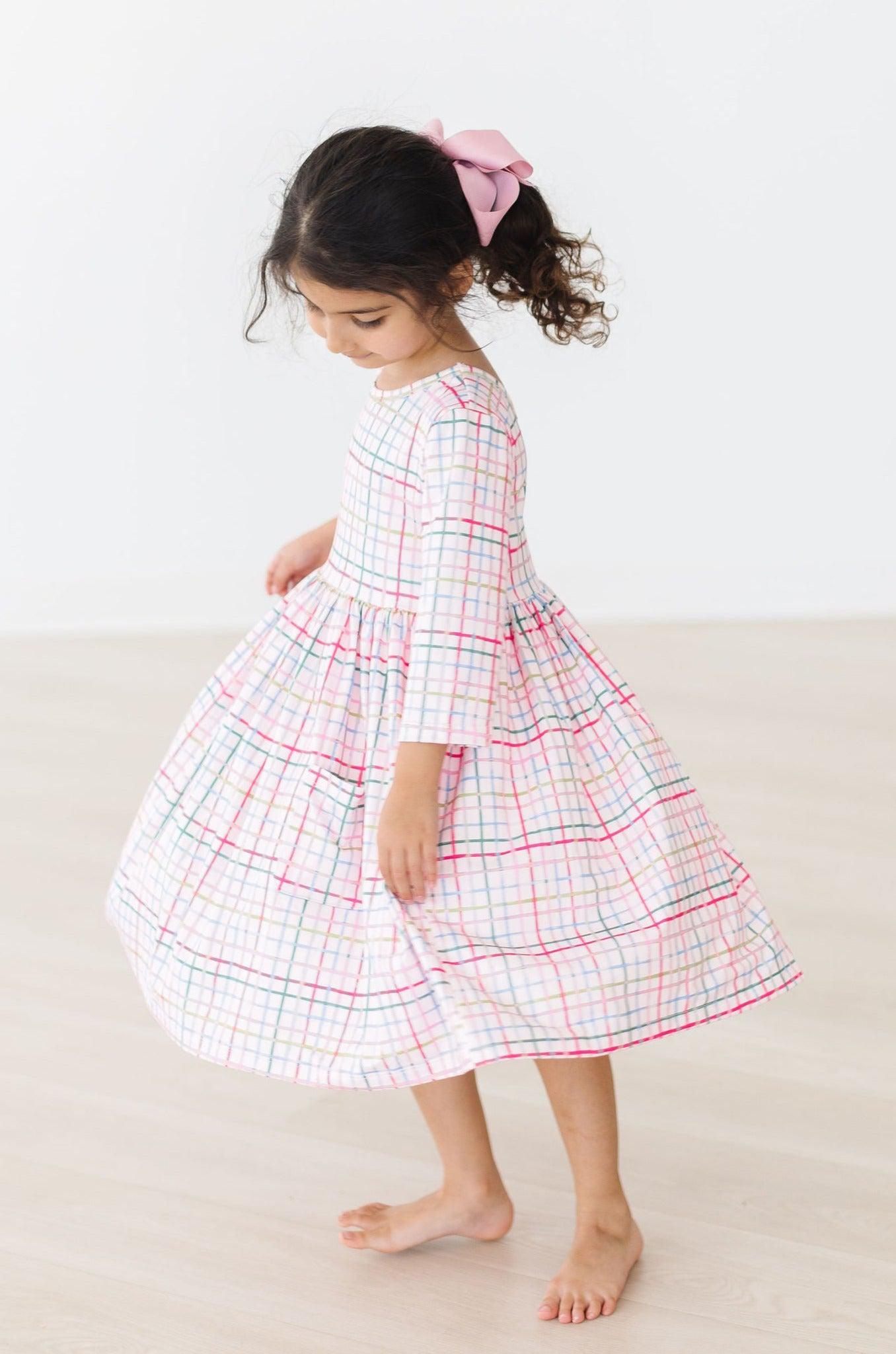 Pink Plaid 3/4 Sleeve Pocket Twirl Dress - Aaria Tees Aaria Tees