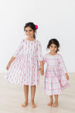 Pink Plaid 3/4 Sleeve Pocket Twirl Dress - Aaria Tees Aaria Tees