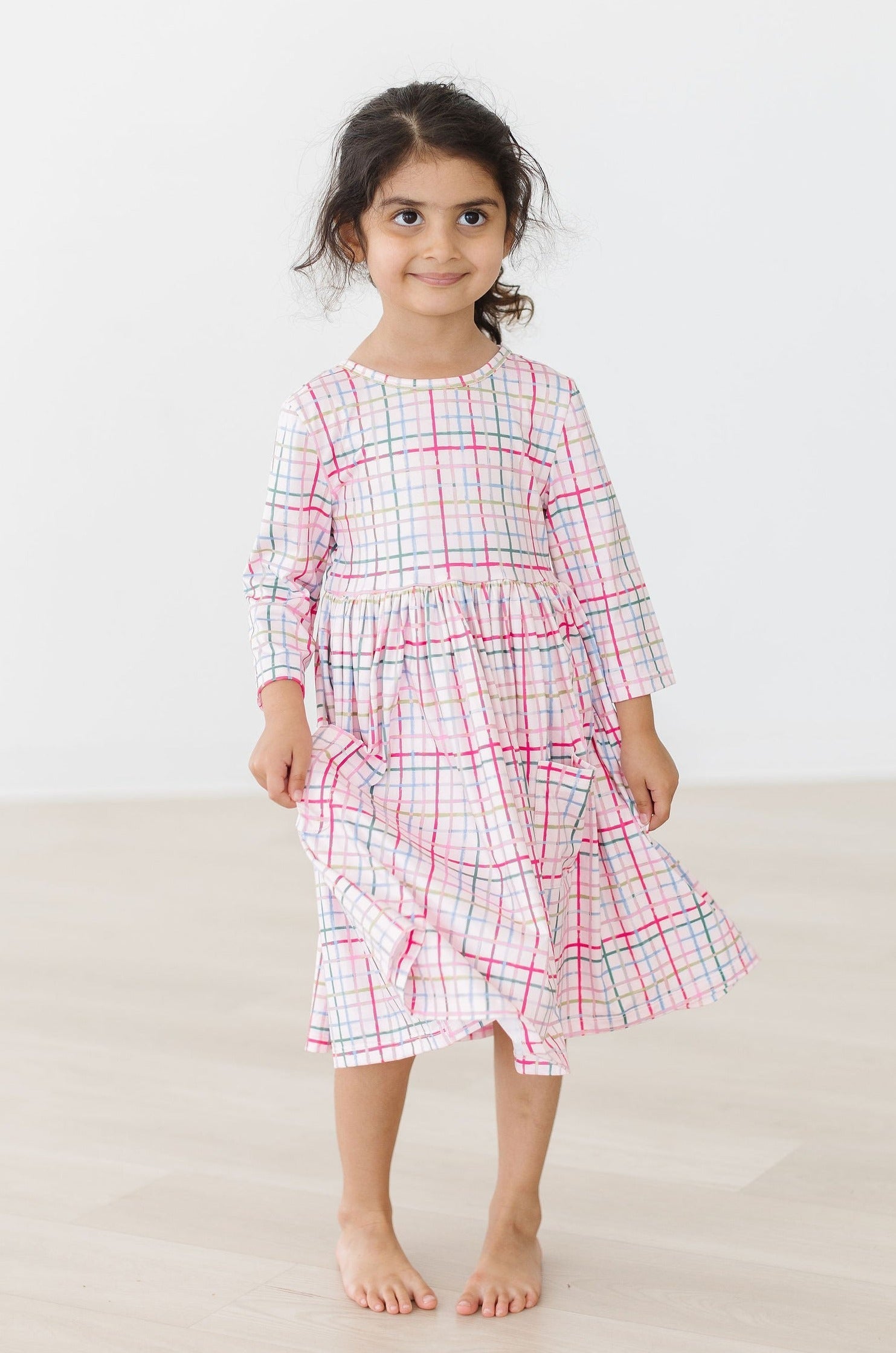 Pink Plaid 3/4 Sleeve Pocket Twirl Dress - Aaria Tees Aaria Tees