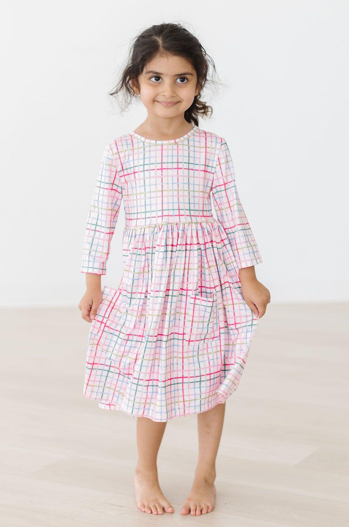 Pink Plaid 3/4 Sleeve Pocket Twirl Dress - Aaria Tees Aaria Tees