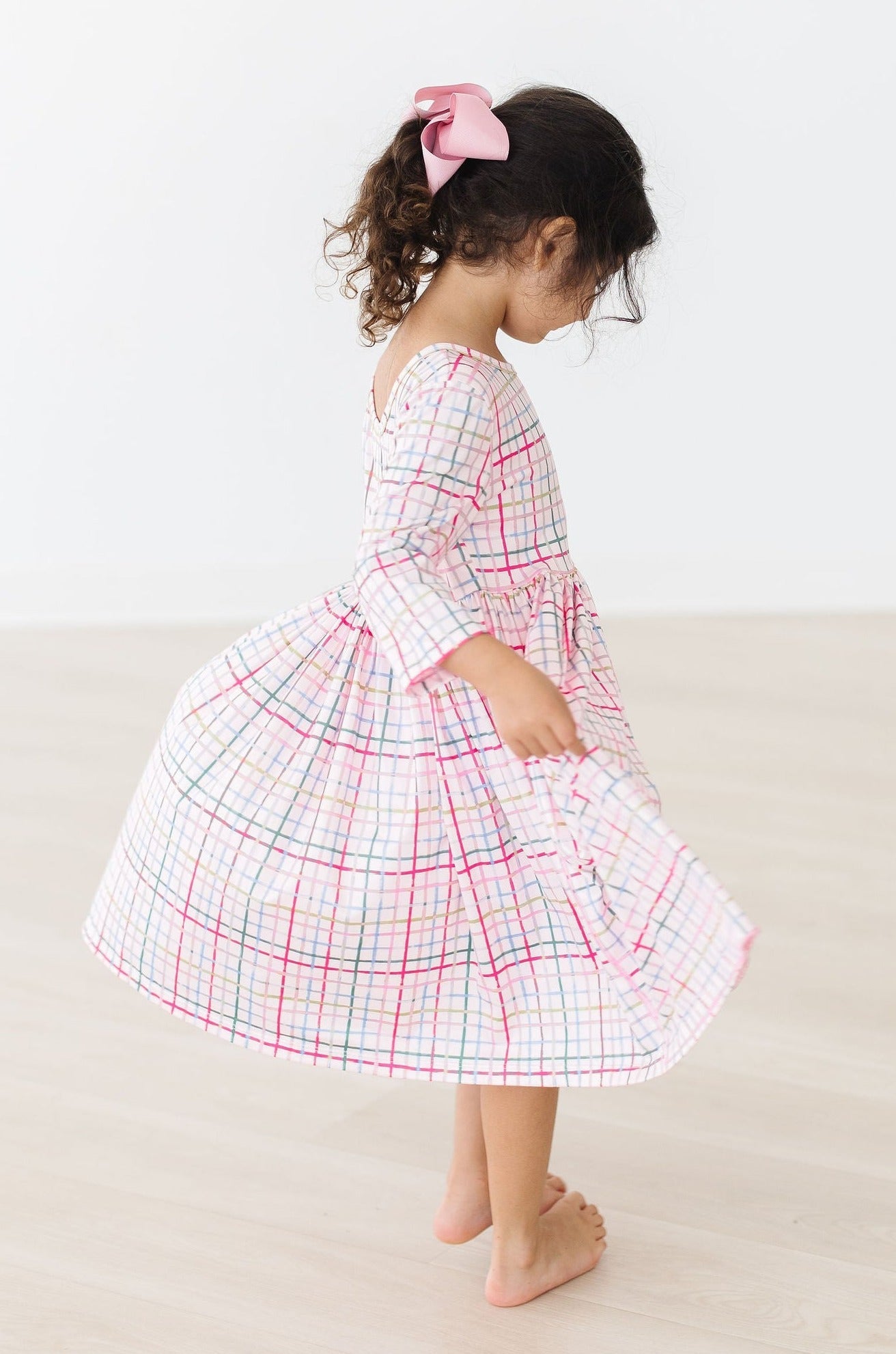 Pink Plaid 3/4 Sleeve Pocket Twirl Dress - Aaria Tees Aaria Tees