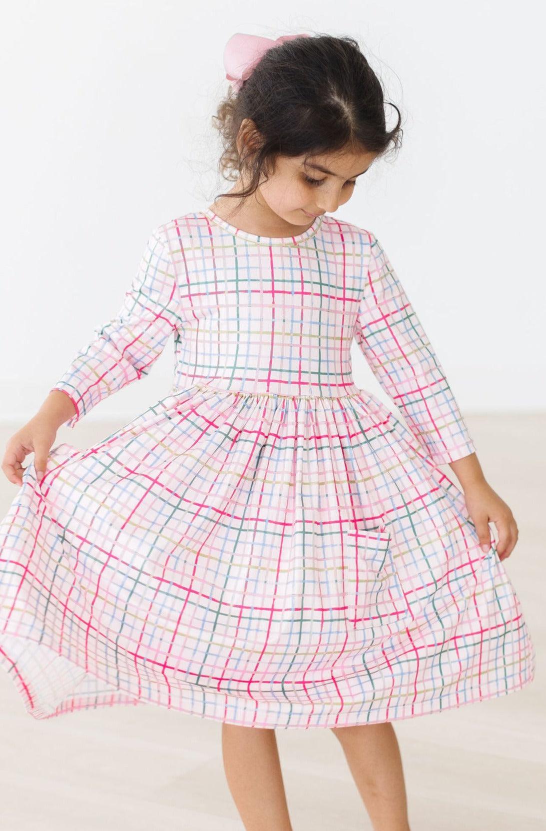 Pink Plaid 3/4 Sleeve Pocket Twirl Dress - Aaria Tees Aaria Tees