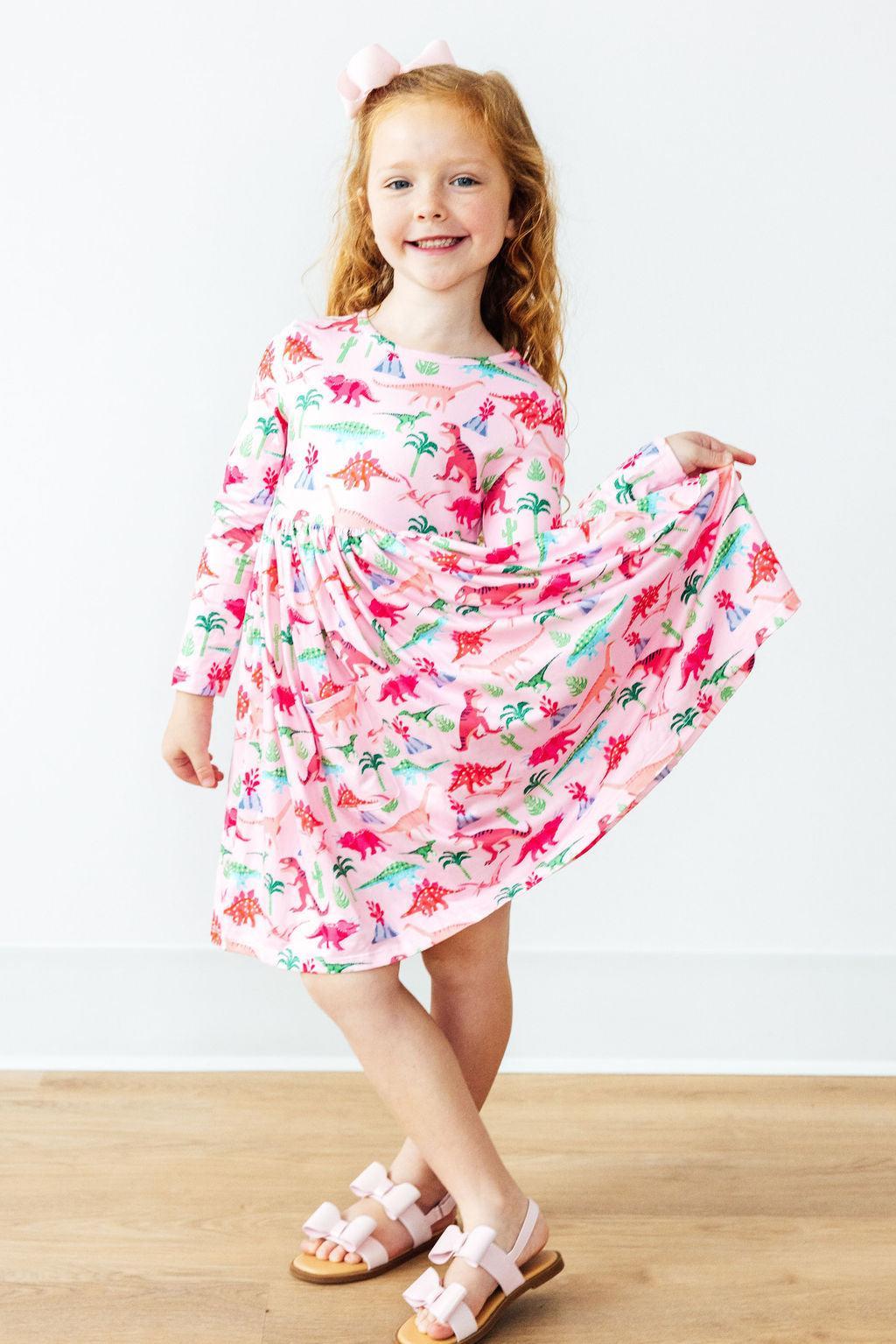 Pinkosaurus Rex L/S Pocket Twirl Dress - Aaria Tees Aaria Tees
