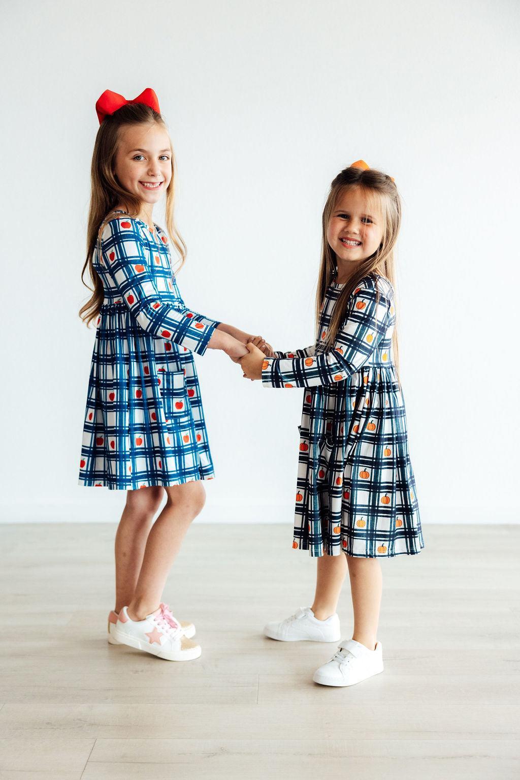 Plaid Apples L/S Pocket Twirl Dress - Aaria Tees Aaria Tees