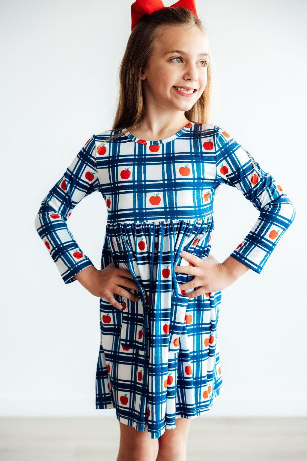Plaid Apples L/S Pocket Twirl Dress - Aaria Tees Aaria Tees