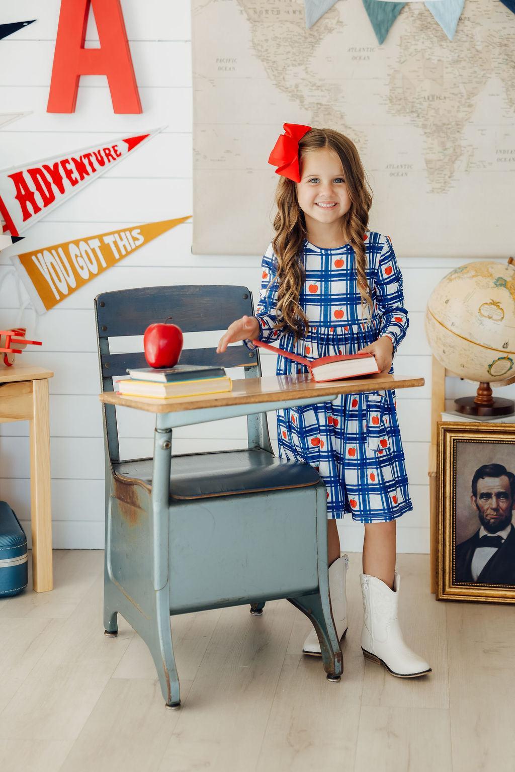 Plaid Apples L/S Pocket Twirl Dress - Aaria Tees Aaria Tees