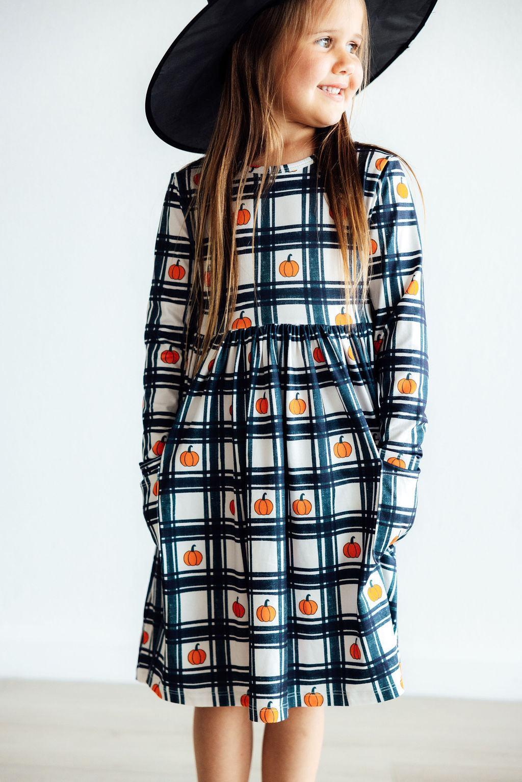 Plaid Pumpkins L/S Pocket Twirl Dress - Aaria Tees