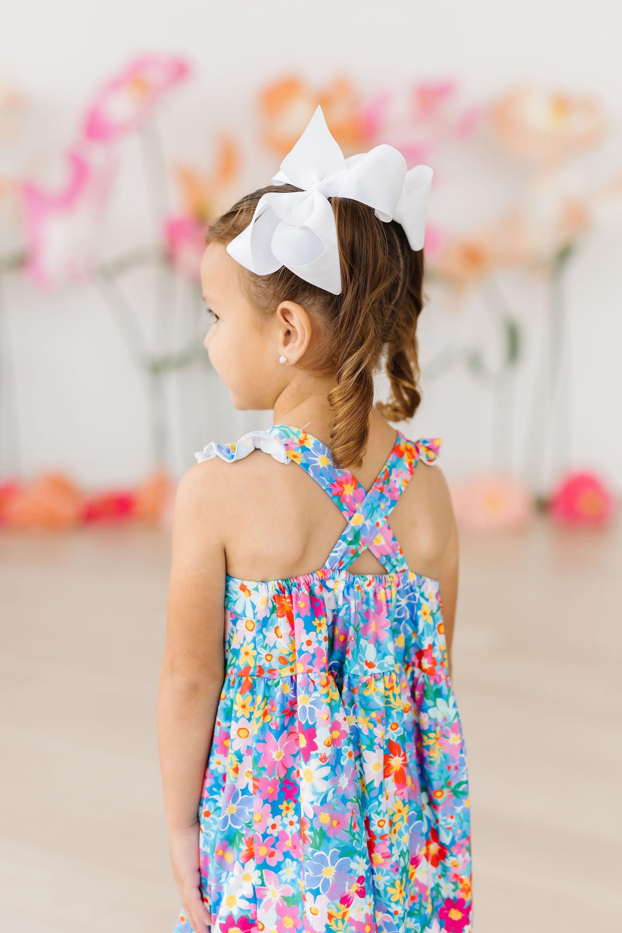 Preppy Floral Ruffle Cross Back Dress - Aaria Tees Aaria Tees