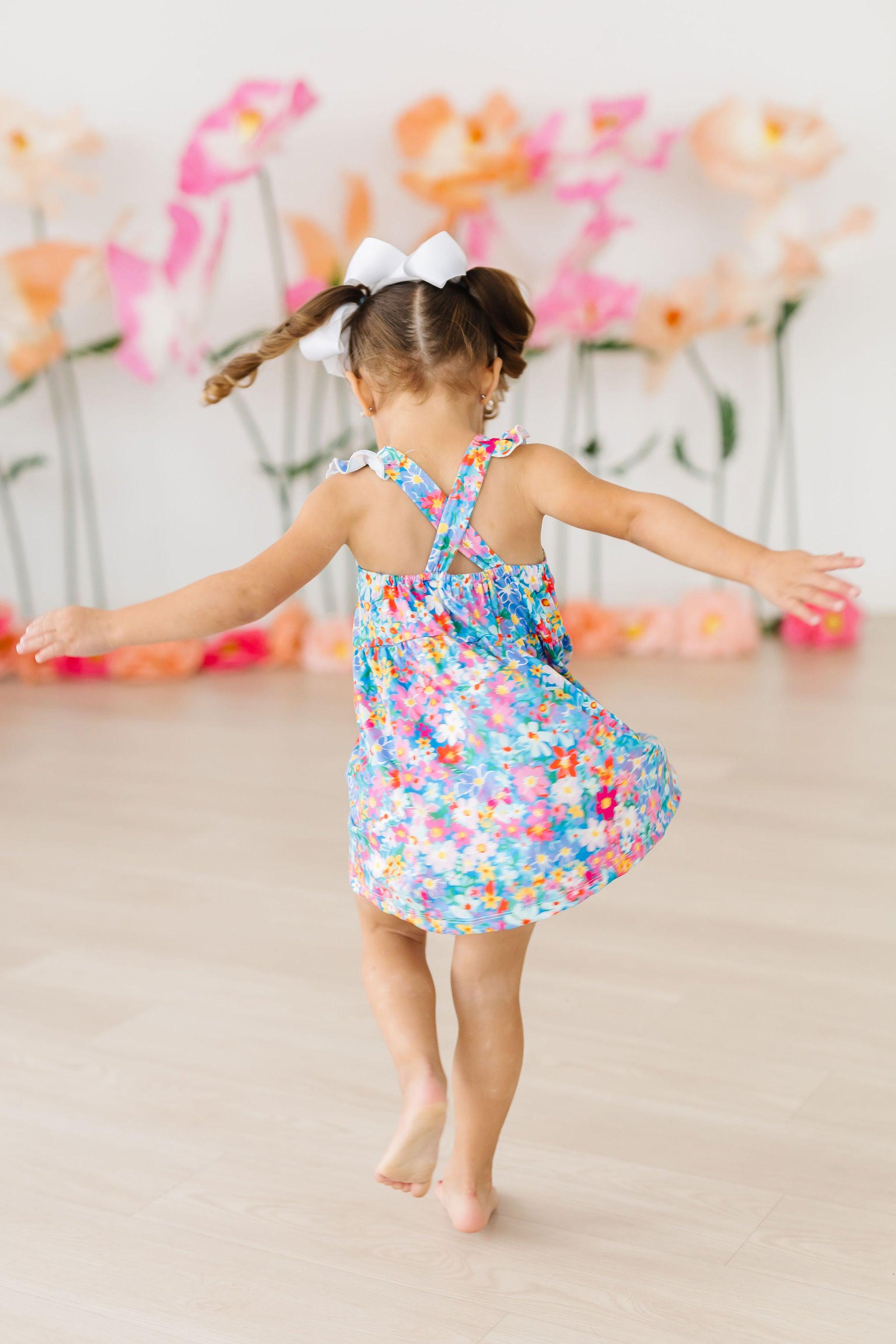 Preppy Floral Ruffle Cross Back Dress - Aaria Tees Aaria Tees