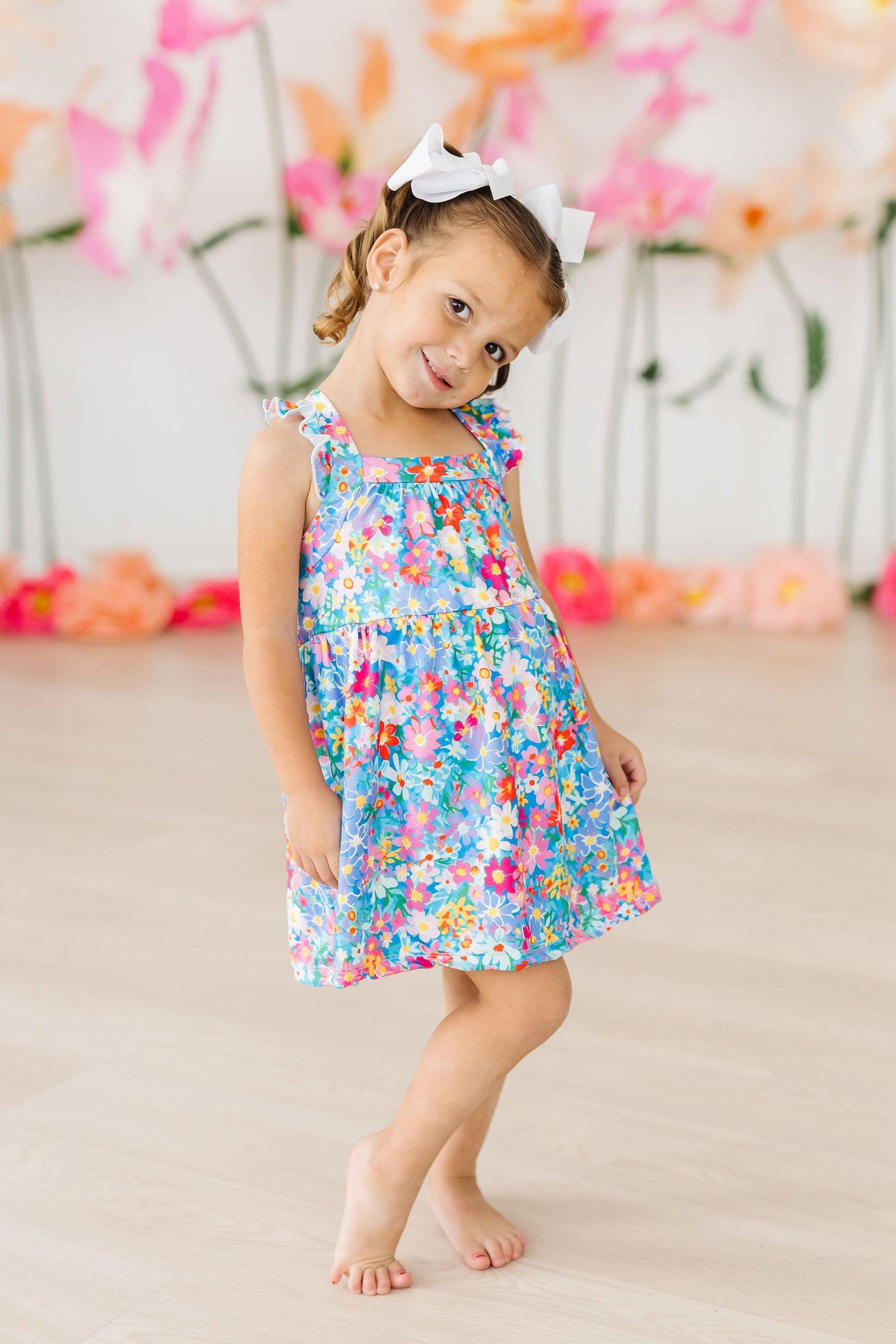 Preppy Floral Ruffle Cross Back Dress - Aaria Tees Aaria Tees