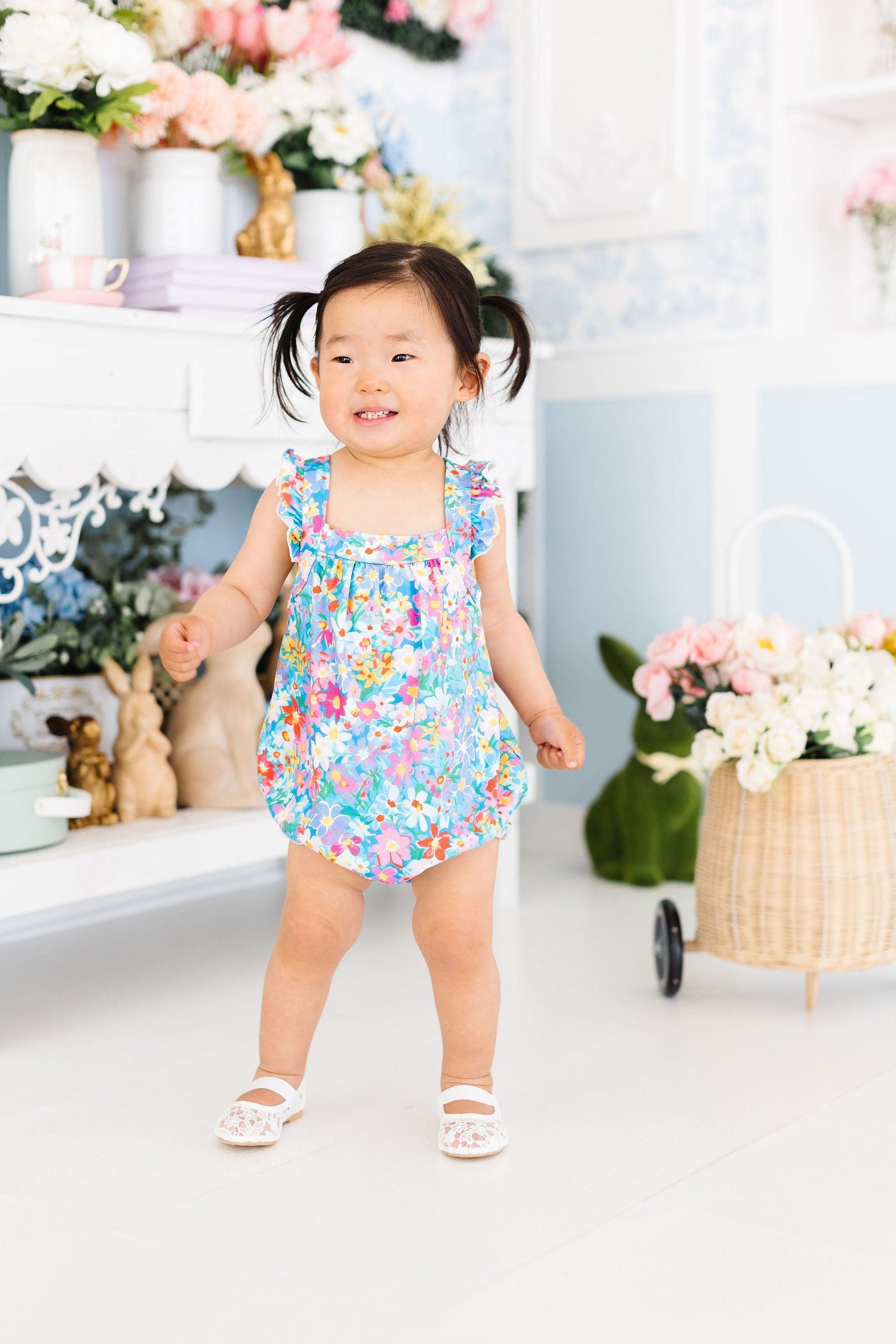 Preppy Floral Ruffle Cross Back Romper - Aaria Tees Aaria Tees