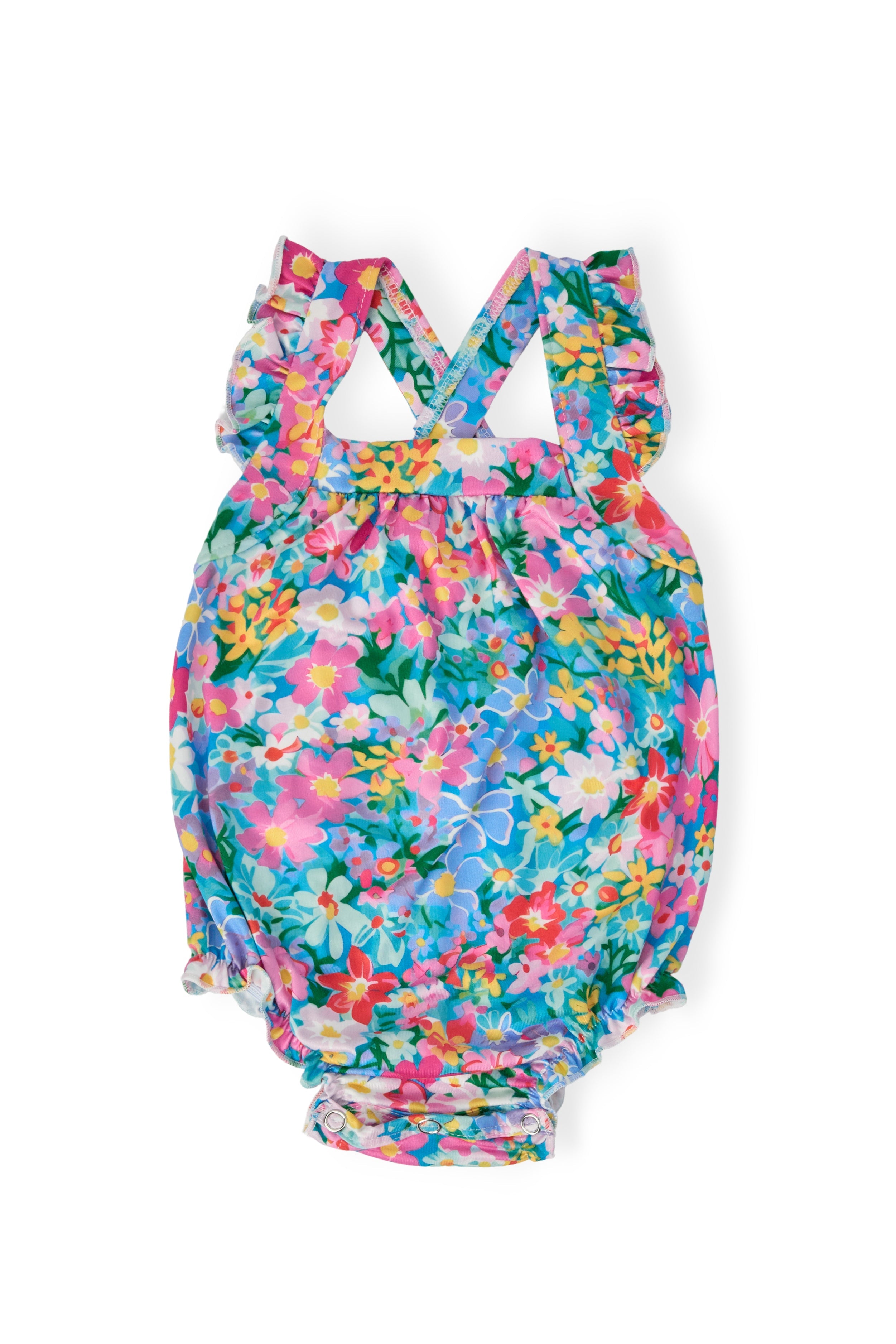 Preppy Floral Ruffle Cross Back Romper - Aaria Tees Aaria Tees