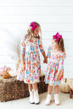 Preppy Pumpkins 3/4 Sleeve Ruffle Twirl Dress Aaria Tees