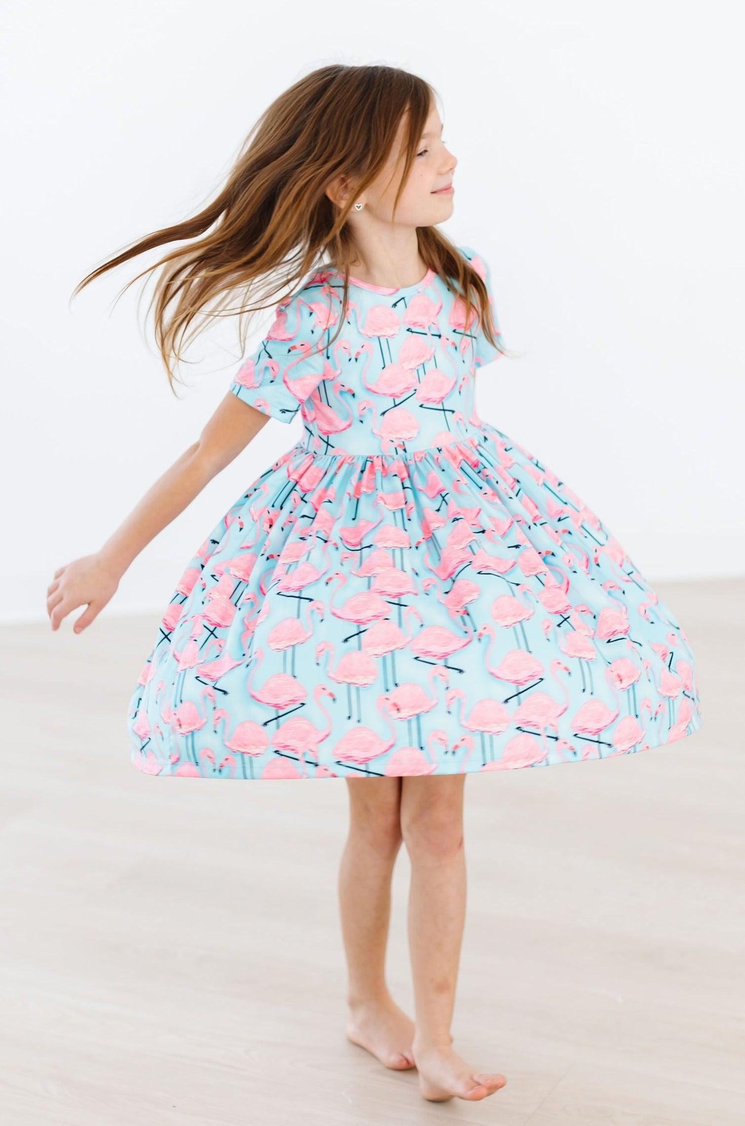 Pretty in Pink Flamingos S/S Pocket Twirl Dress - Aaria Tees Aaria Tees