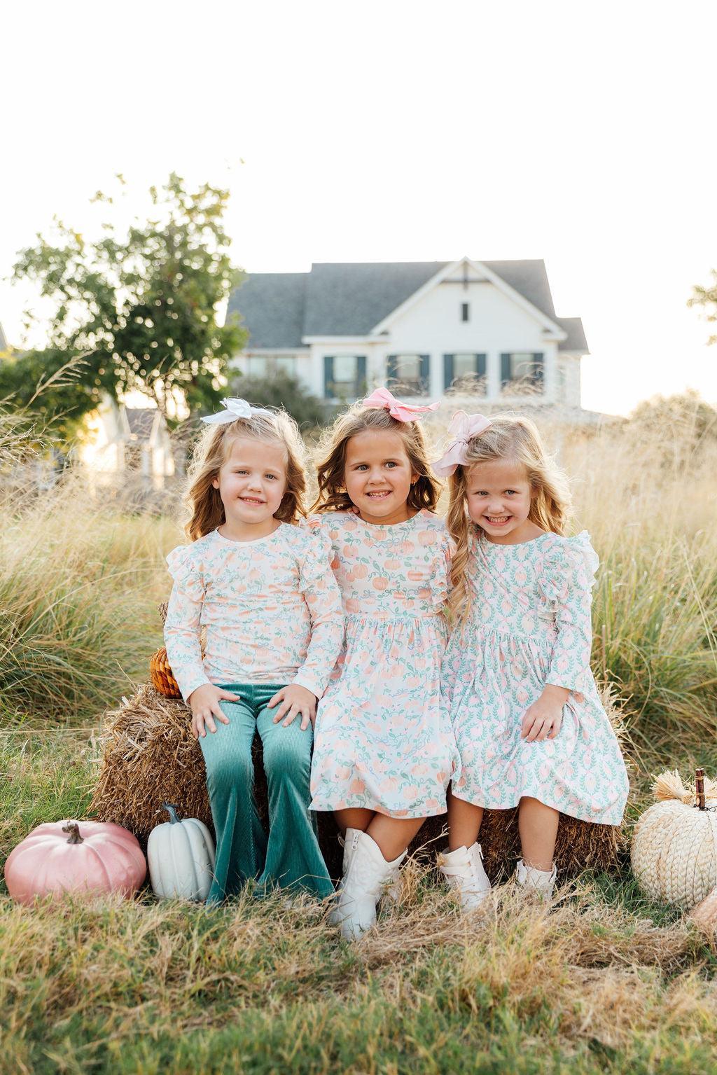 Pumpkin Kisses, Harvest Wishes 3/4 Sleeve Ruffle Twirl Dress - Aaria Tees Aaria Tees