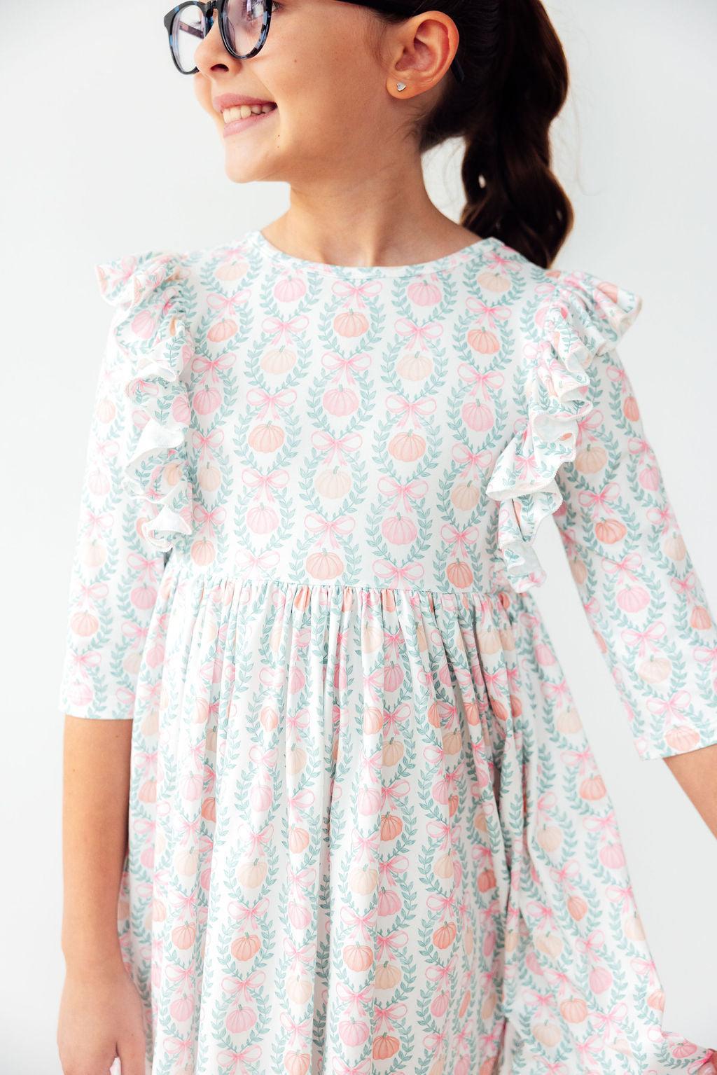Pumpkin Kisses, Harvest Wishes 3/4 Sleeve Ruffle Twirl Dress - Aaria Tees Aaria Tees