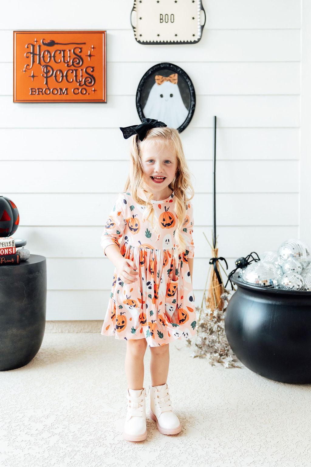 Pumpkin Peekaboo 3/4 Sleeve Pocket Twirl Dress - Aaria Tees Aaria Tees