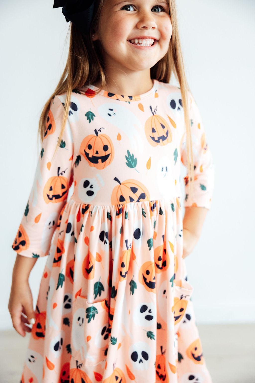 Pumpkin Peekaboo 3/4 Sleeve Pocket Twirl Dress - Aaria Tees Aaria Tees