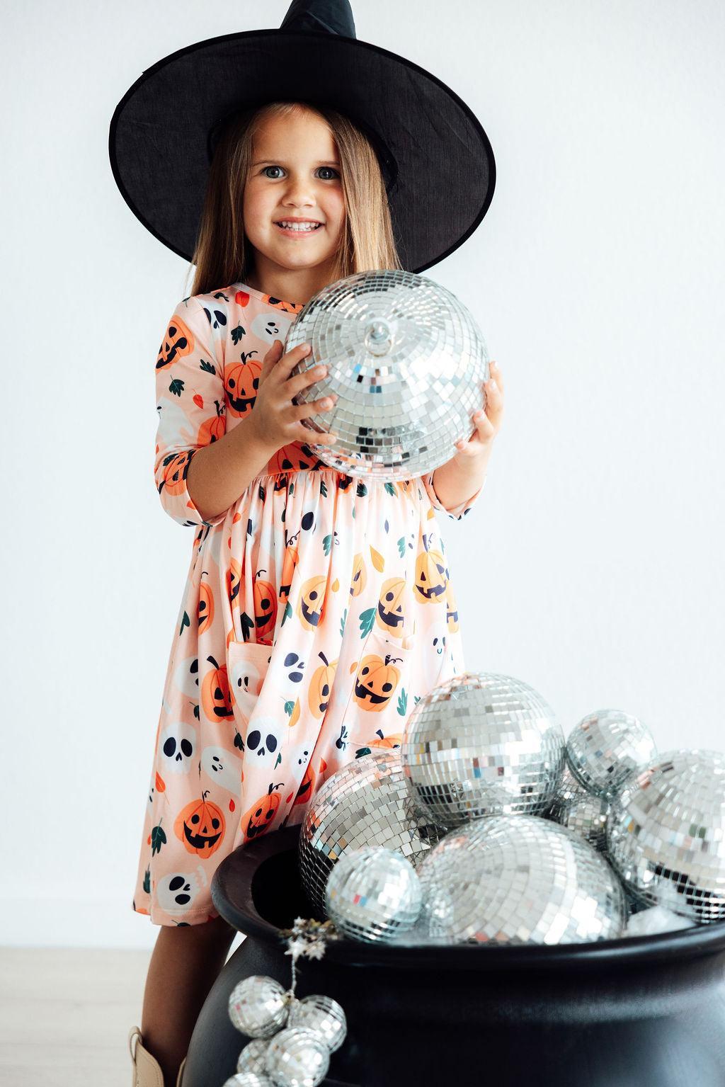 Pumpkin Peekaboo 3/4 Sleeve Pocket Twirl Dress - Aaria Tees Aaria Tees