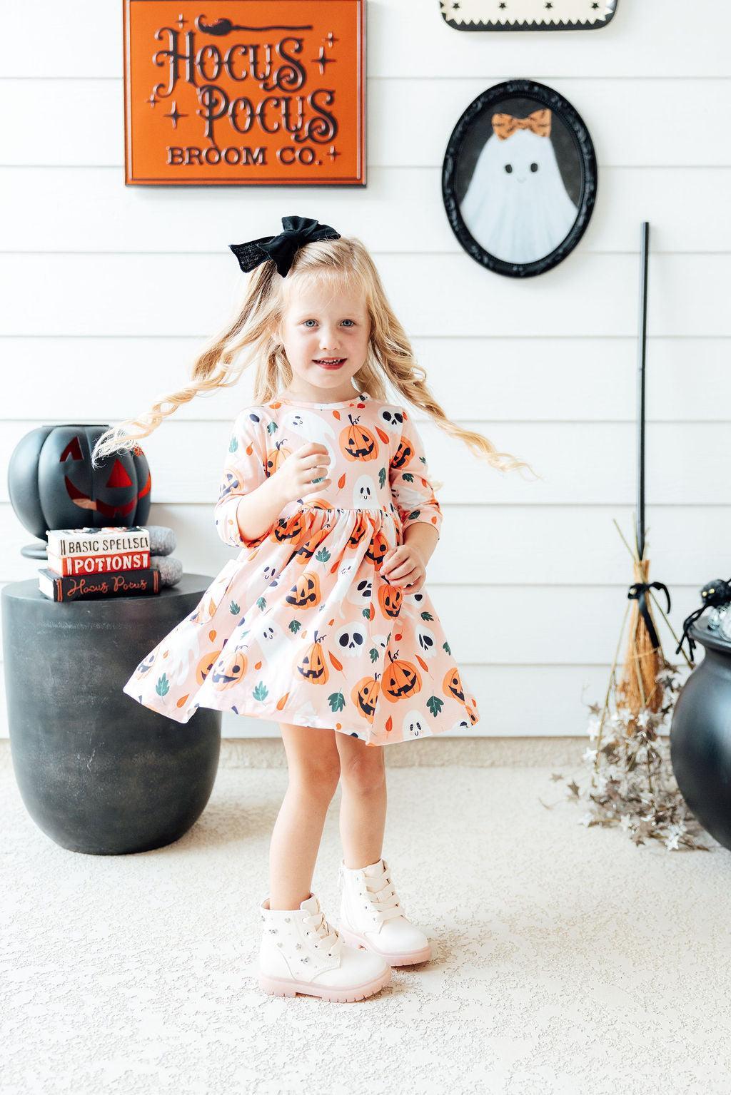 Pumpkin Peekaboo 3/4 Sleeve Pocket Twirl Dress - Aaria Tees Aaria Tees