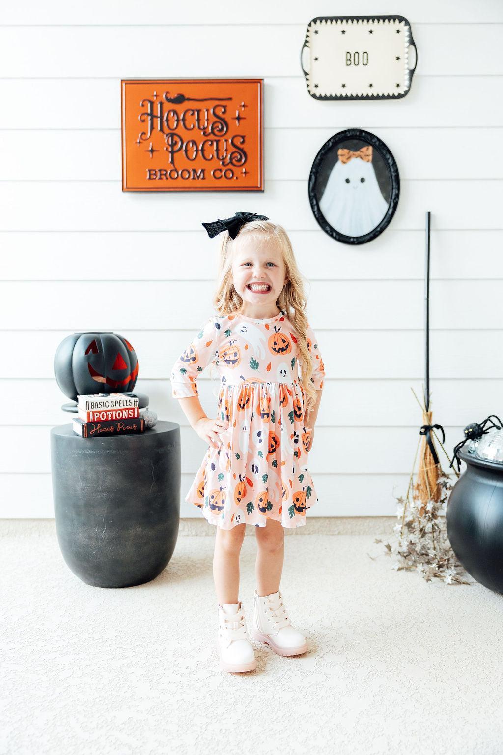 Pumpkin Peekaboo 3/4 Sleeve Pocket Twirl Dress - Aaria Tees Aaria Tees