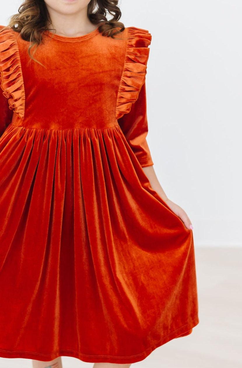 Pumpkin Spice Velvet Ruffle Twirl Dress - Aaria Tees Aaria Tees