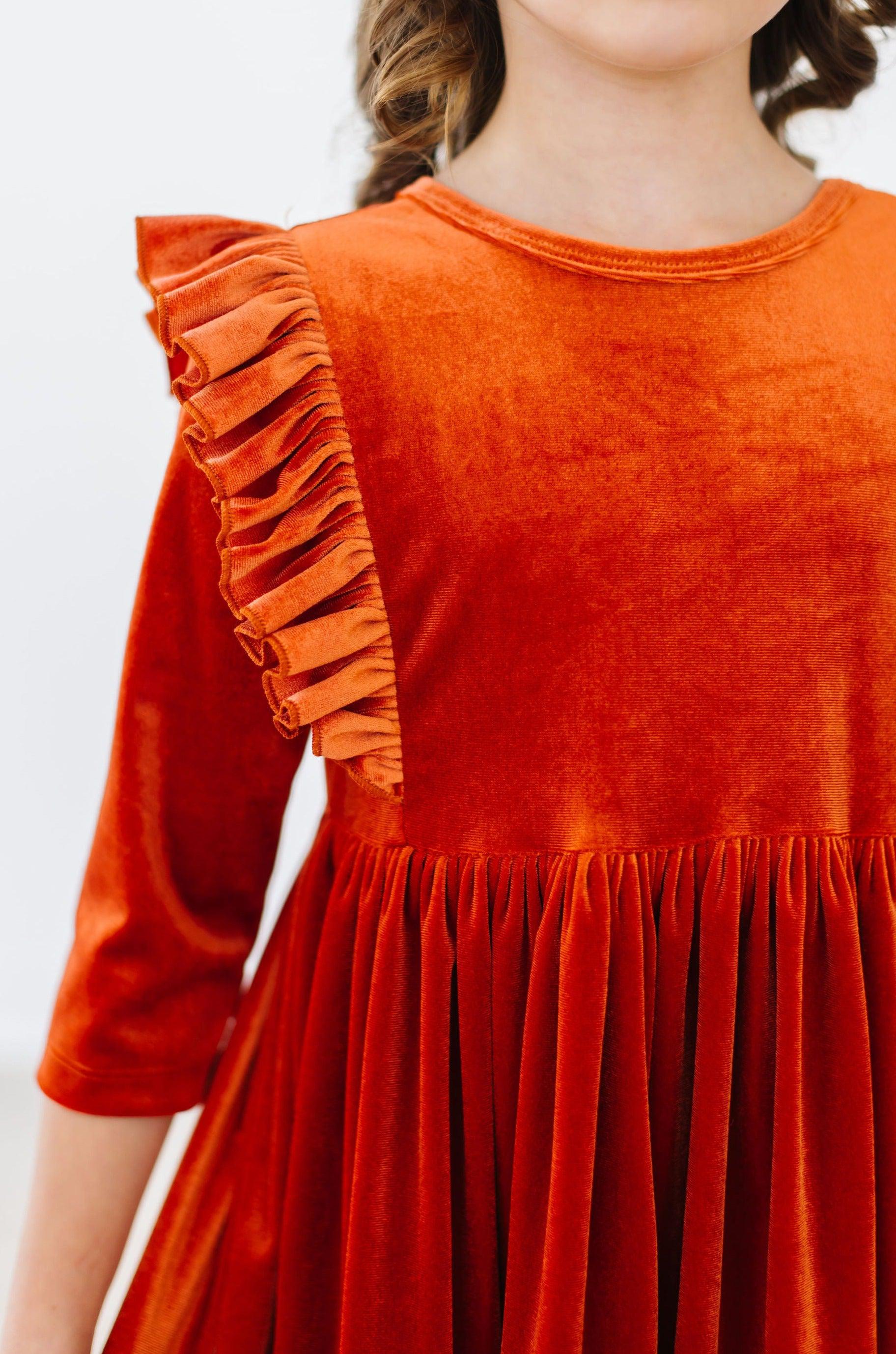 Pumpkin Spice Velvet Ruffle Twirl Dress - Aaria Tees Aaria Tees