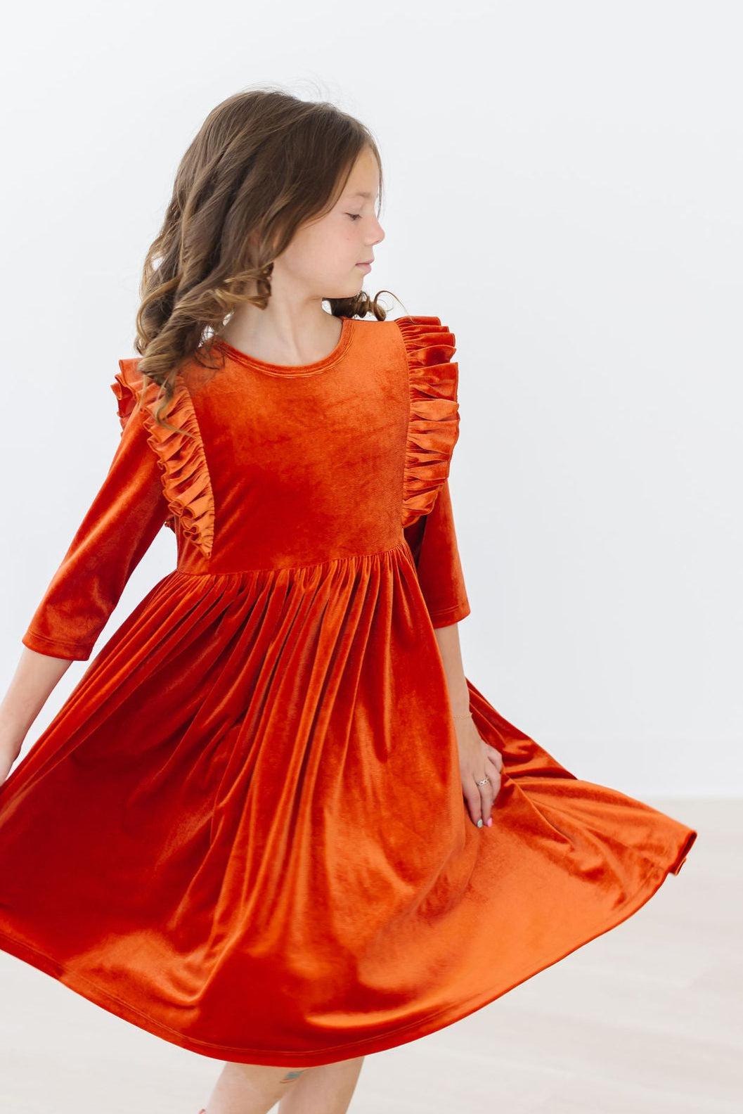 Pumpkin Spice Velvet Ruffle Twirl Dress - Aaria Tees