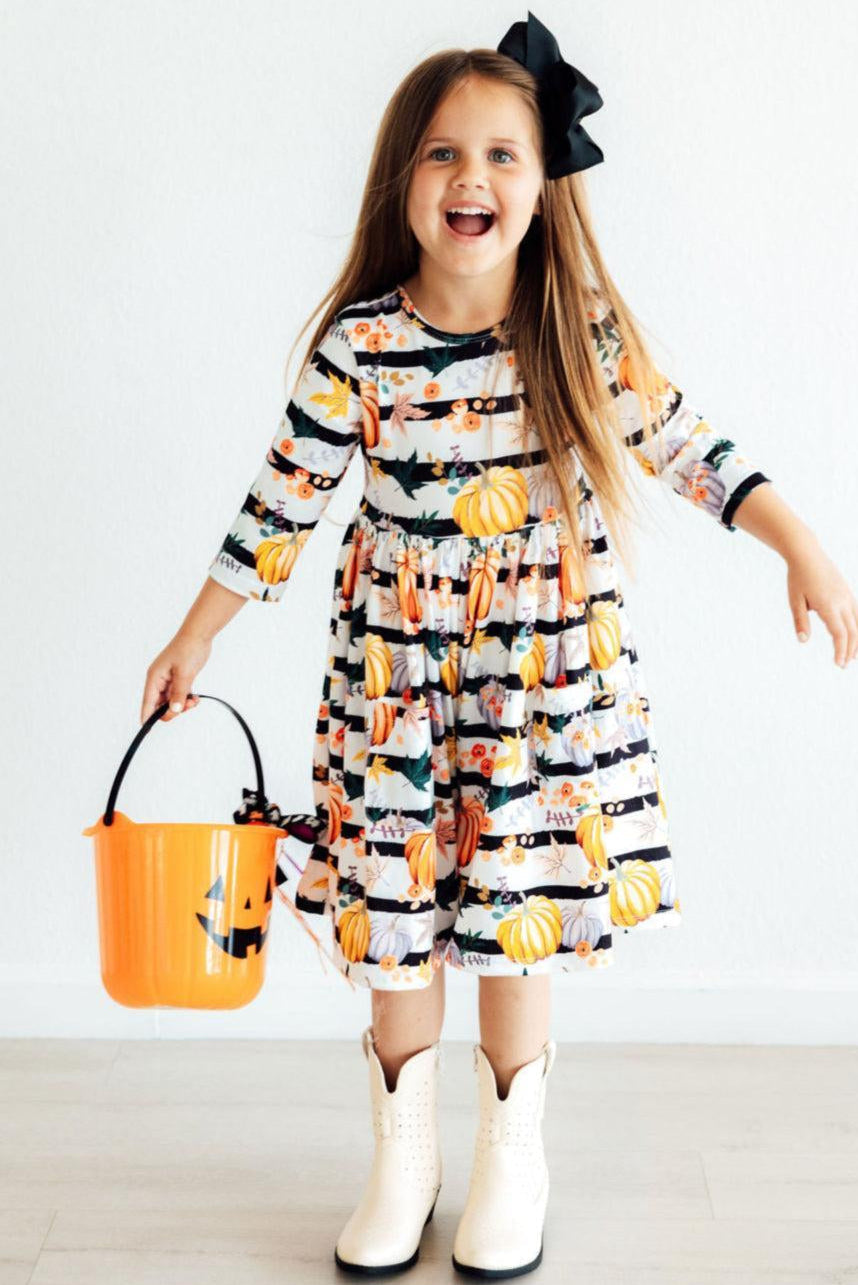 Pumpkins & Peonies 3/4 Sleeve Pocket Twirl Dress - Aaria Tees Aaria Tees