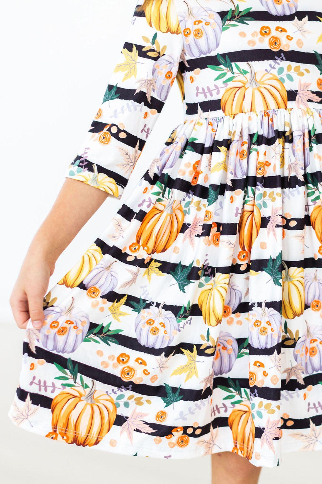 Pumpkins & Peonies 3/4 Sleeve Pocket Twirl Dress - Aaria Tees Aaria Tees
